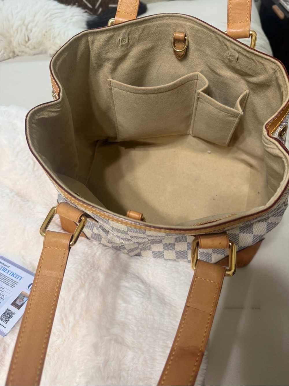 Louis Vuitton Damier Azur Checkered Tote in Cream and Tan Leather - Picture 3 of 3